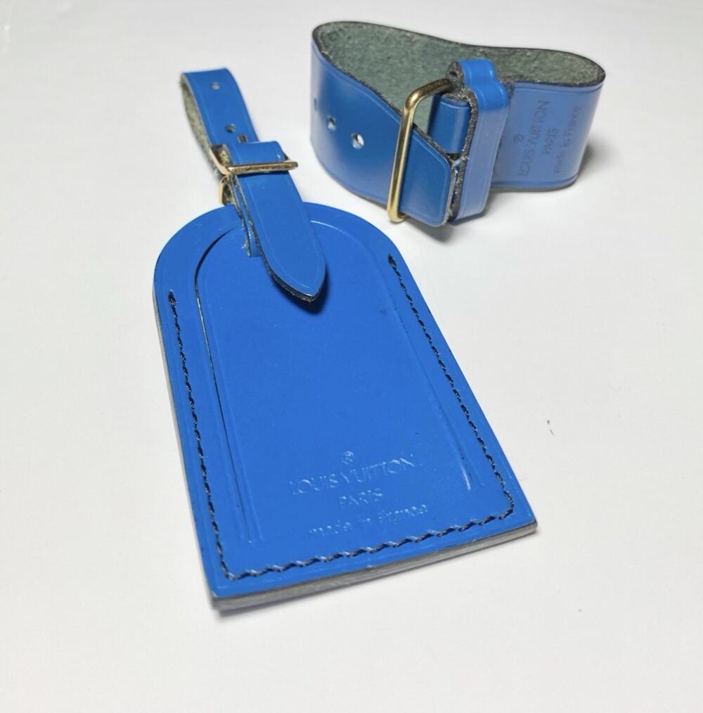 Louis Vuitton Blue Leather Name Tag w/ Poignet Strap Large 1 Set - Toledo France